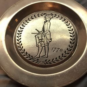 Two vintage metal (Pewter?)plates dinner plate size about ‘76 era